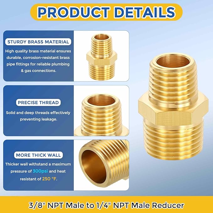 3 Pack Brass Pipe Fittings, 3/8" NPT Male to 1/4" NPT Male Brass Hex Nipple, Male Pipe Adapter Reducer for Air, Oil, LP