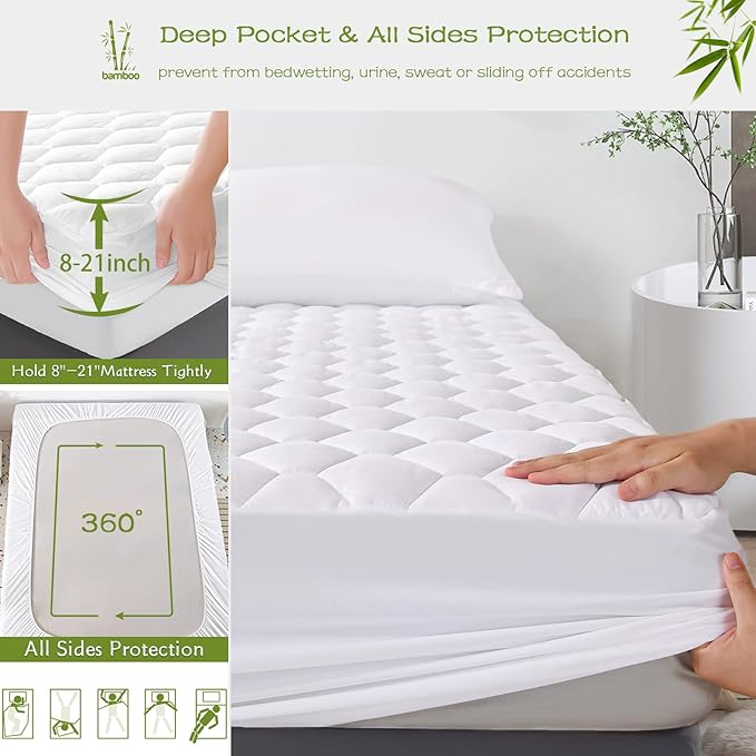 GRT California King Mattress Protector Waterproof, Rayon from Bamboo, Cooling Quilted Fitted Mattress Pad, Noiseless Waterproof Mattress Cover, fits up to 21" Deep, Dust Proof White