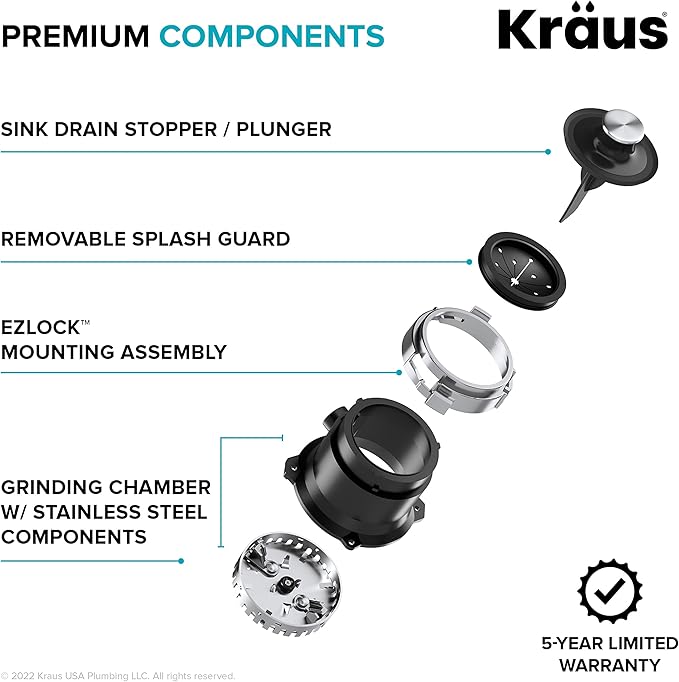 KRAUS WasteGuard 1/2 HP Continuous Feed Ultra-Quiet Motor Garbage Disposal with Quick Connect Mount, Power Cord and Flange Included, KWD110-50MBL