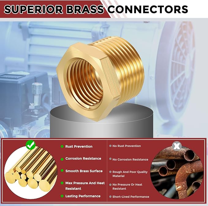 Pack of 10, 3/4" NPT Male to 1/2" NPT FeMale Solid Brass Hex Bushing, Hose Fittings Adapter Reducer Fit for Pipe Leak Repair, Bathroom Remodeling, Tool Extensions, Compression