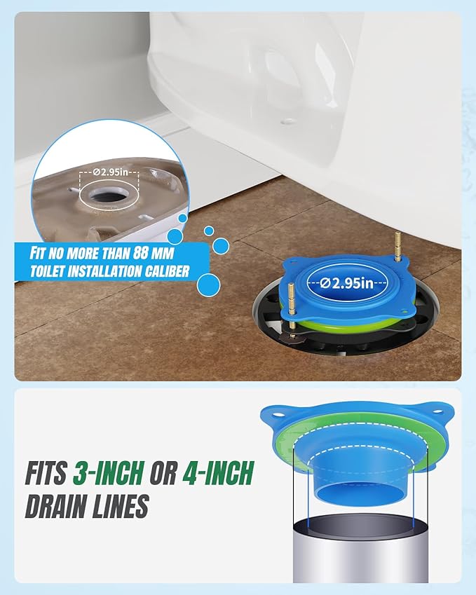 Elastic Wax Ring Kit for Toilet Installation - Reusable Toilet Seal Ring with Blue Seal, EVA Spacer, Full Hardware - Fits 3"/4" Drain & Floor Flange Repair