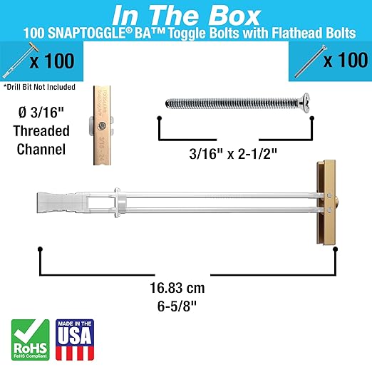 TOGGLER SNAPTOGGLE Heavy-Duty Drywall Toggle Bolt – 3/16"-24 UNC Zinc-Plated Anchor for Hollow Walls, Plaster & Tile – Holds 238 lbs in 1/2" Drywall, Easy Install – 100 Pack (W/Flathead Bolts)
