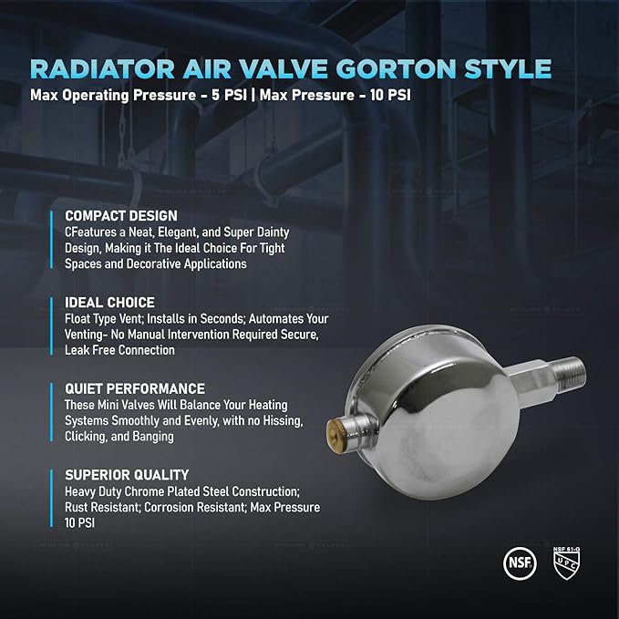MIDLINE VALVE 1/8 Inch Air Vent No. D 1/8", Straight Steam Air Vent, Radiator Air Valve,Chrome Plated