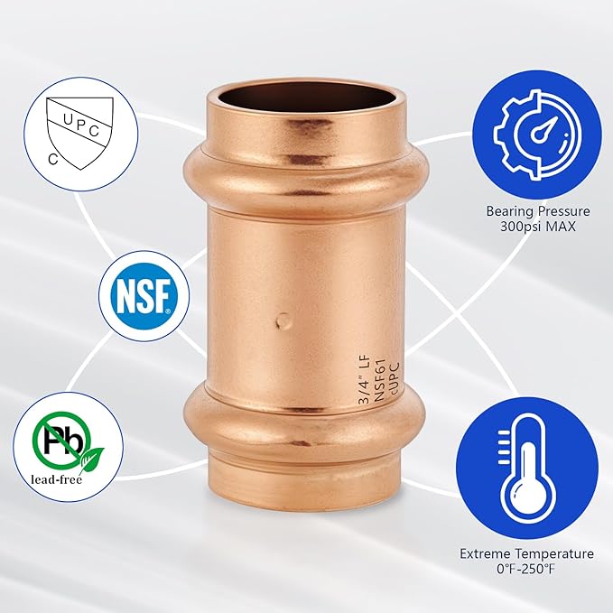 Copper Press Fittings 3/4 Inch Coupling with Stop No-Lead Plumbing Pipe Connector | Compatible with Copper Pipes, Water Supply & Hydronic Heating Systems | Durable Press Fit Design,10-Pack