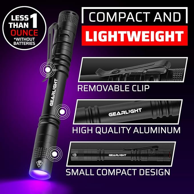 GearLight UV Black Light Flashlight S100 [2 Pack] - Mini Blacklight Ultraviolet Pen Lights for Leak and Hotel Inspection - Pet Urine, Bed Bug, Scorpion, Stain, and Dye Detector