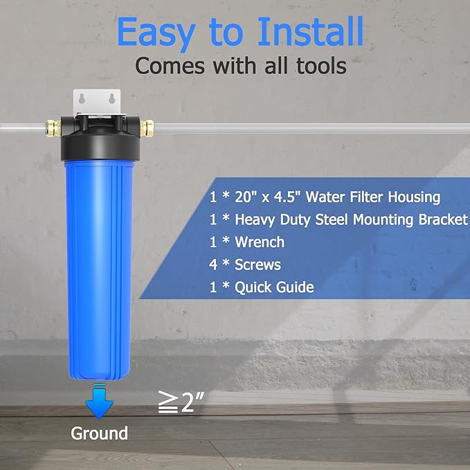WHB20 Whole House Water Filter Housing, Fit 20"x4.5" Sediment etc Filters for Well and City Water, Big Filter Blue Pre-Filtration System for Home, 1" NPT Port, Pressure Release