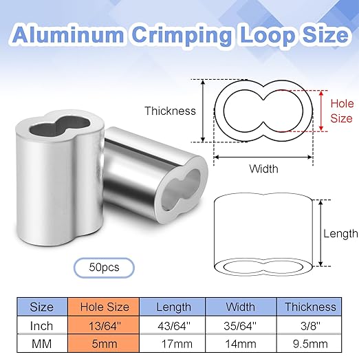 50Pcs 5/32"Cable Crimp Sleeves, Aluminum Wire Rope Crimping Loop Sleeve. Cable Ferrules for Cable and Wire Rope Crimp Double Barrel Crimp Sleeves (M4-5/32")