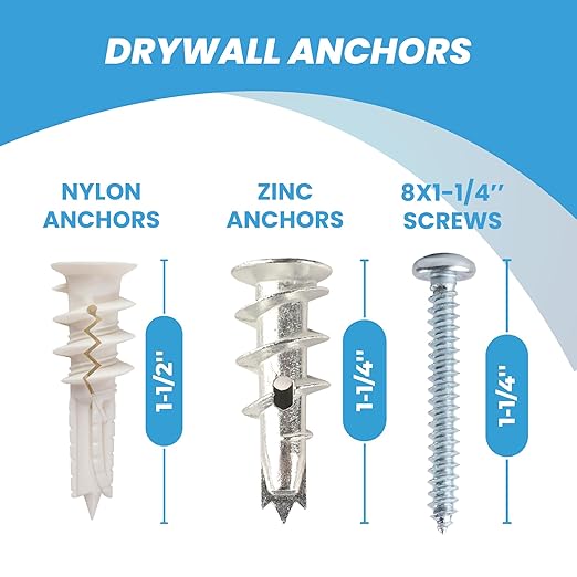 Assorted Drywall Anchors and Screws Kit – 130pcs #8 x 1-1/4” Self Drilling Anchors – No Pre-Drill Required – Heavy Duty Wall Anchors for Drywall – Holds Up to 75lbs,Metal+Nylon Anchors