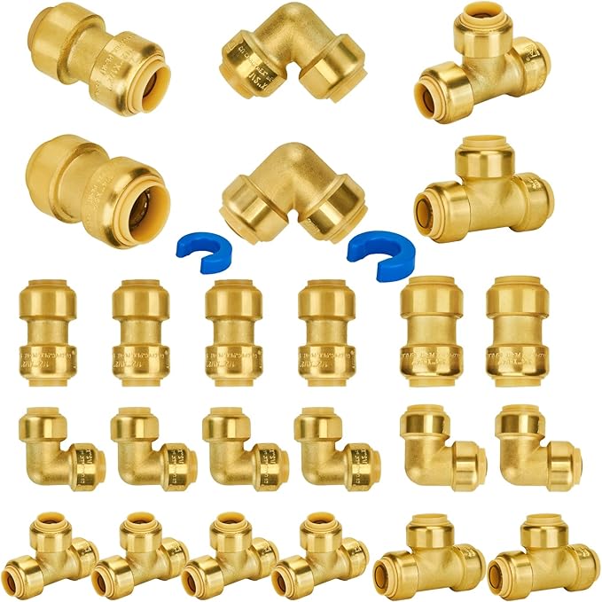 SUNGATOR Pushfit Plumbing Fitting Bundle, 5 Each 1/2 Inch Coupling, Elbow, Tee, 3 Each 3/4 Inch Coupling, Elbow, Tee, No Lead Brass Push to Connect Pex,Copper,CPVC, with 2 Disconnect Clips, Pack of 24