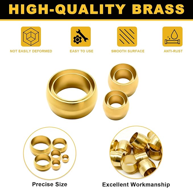 Siptenk 60PCS Brass Compression Sleeves Ferrules for Tube OD 3/8", Hose Compression Fitting Brass Ferrule for DOT Air Brake Lines, Water, Fuel, Oil
