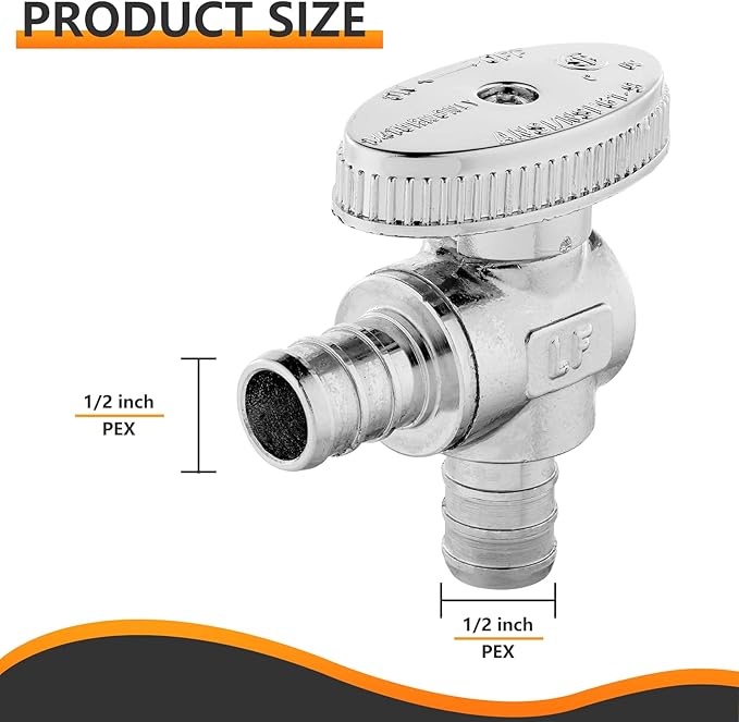 10-PCs Pex Barb Crimp Angle Stop Valve, 1/2" x 1/2" PEX Angle Stop, 1/4 Turn Shut Off Valve for Bathroom, ASTM F1807 (VALVE102-10)