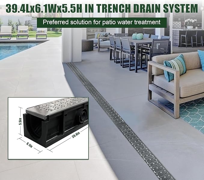 Channel Drain with 304 Stainless Steel Grate-39.4Lx6.1Wx5.5H in. Deep Profile Trench Drain System for Landscaping,Anti Corrosion A15 Drainage System with Metal Grate for Patio Commercial