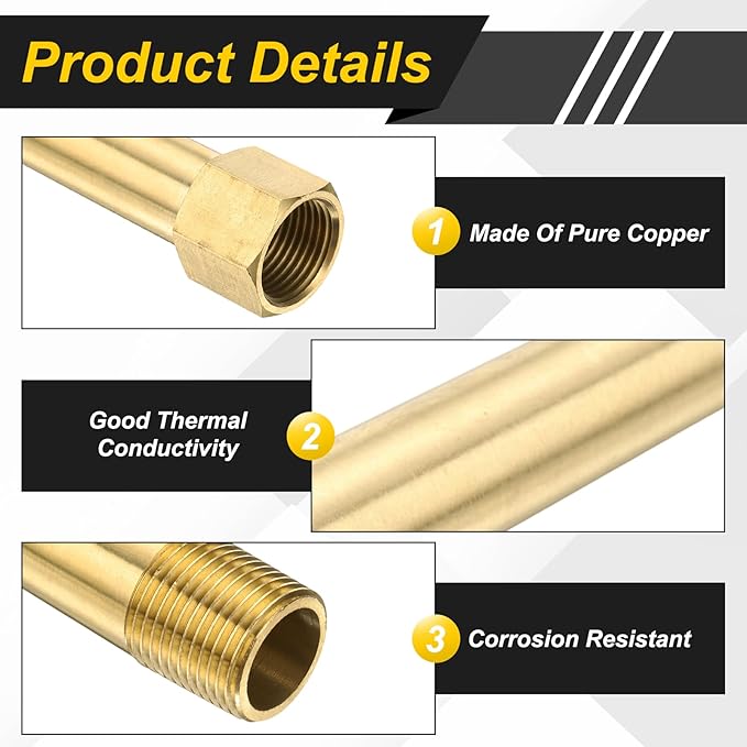 PATIKIL 2 Pack 3/8" g Male x 3/8" g Female Brass Pipe Fittings, Nipple Brass Fitting Extension Pipe Fittings Adapter Connection with Tape 6 Inch / 150mm Length