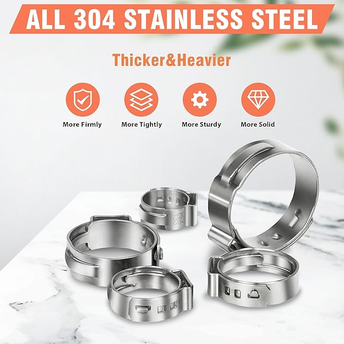 120pcs 1/2 inch PEX Cinch Clamps Rings, 304 Stainless Steel Single Ear Hose Clamps, Heavy Duty Pex Crimp Rings for PEX Tubing Pipe Fitting Connections
