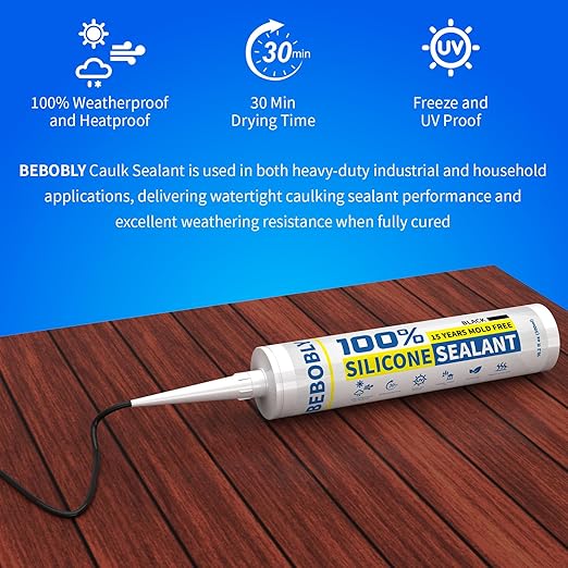 Black Silicone Caulk & Sealant, 100% Waterproof Silicone Caulking, Silicone Sealant Caulking for Kitchen, Bathroom, RV, Interior & Exterior Use, Shrink & Crack Proof, 10.2 FL. OZ/300ML, 12 Pack