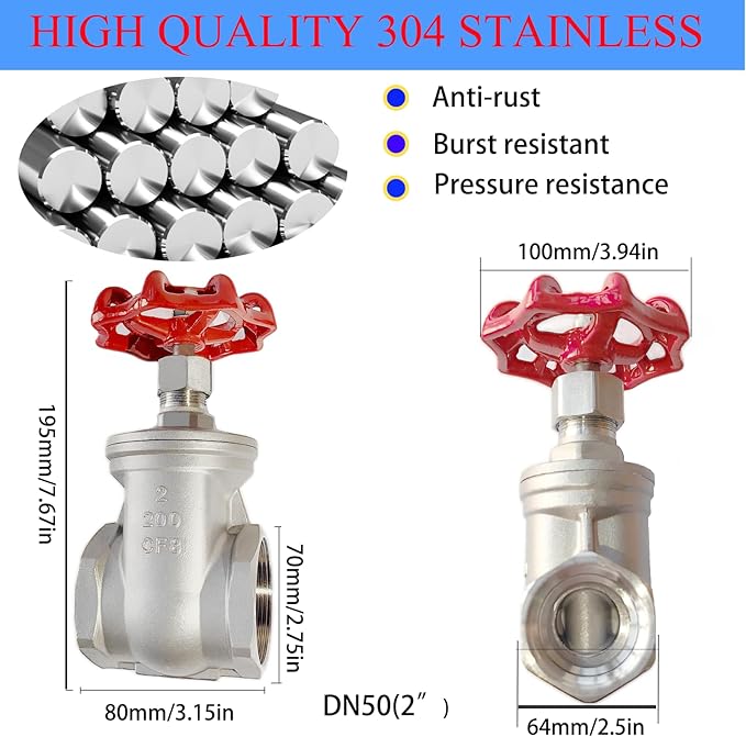 304 Stainless Steel Gate Valve DN50, 2" NPT Stainless Steel Female Threaded Rotary Globe Valve for Water Flow Switches, Fuel Water Vapor, Air Switches, Air Compressors and Sump Pumps, etc