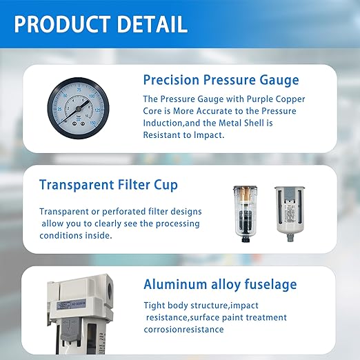 XingNEeng 1/2" NPT Compressed Air Filter Regulator Lubricator (FRL) Unit, Double Water/Oil Trap Separator, Gauge(0-150 psi), Semi-Auto Drain Air Compressor Water Separator, Poly Bowl, Metal Bracket