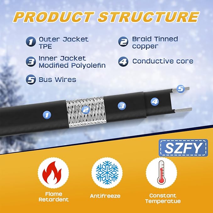 3FT~160FT Heat Tape for Water Pipes, -40°F Deicing Heat Tape,Thermostat Wire,Heating Cable Pipe Heating Cable,Heat Tape with Thermostat,Gutter Heat Cable,Heated Water Hose,120V 8W/ft (100FT)