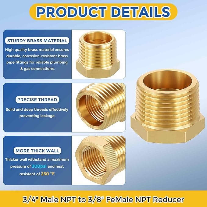 5 Pack Brass Pipe Fittings, 3/4" Male NPT to 3/8" FeMale NPT Brass Hex Bushing Reducer, Hose Tube Threaded Adapter for Air, Oil, LP