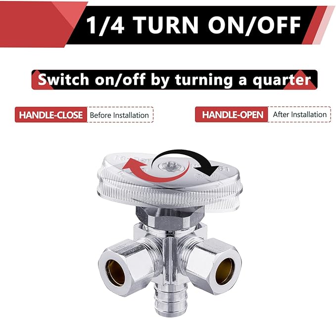 (Pack of 10) EFIELD Dual Outlet Angle Stop Valve, Multi-Turn, 1/2" Crimp Barb Pex Inlet x (3/8 inch x 3/8 inch) Compression Outlet, Chrom Plated,(VALVE063-10PCS)