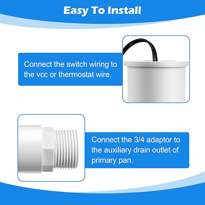 1 Pack SS2 Float Switch for Easy Installation, AC Float Switch with 3/4 Inch Adaptor and 6ft Wire, Water Level Accessory for HVAC System with Condensate Overflow Detection
