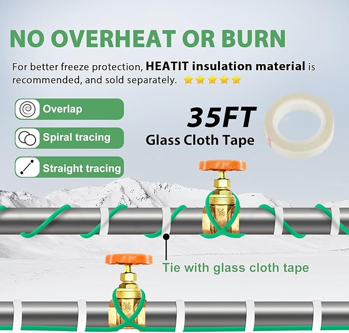 HEATIT Heat Tape for Water Pipes, Self-Regulating Heat Tape for Metal And Plastic Home Pipes, Outdoor Heater For Pipes ETL Certified 120 V 28FT