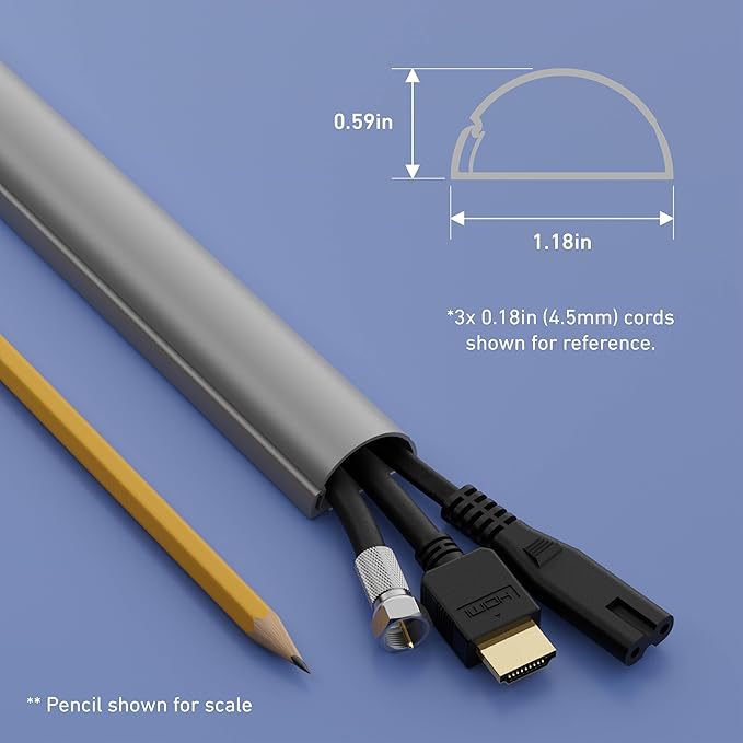 D-Line 13.12ft Cord Hider Kit, Patented Cable Cover, Hide Wires on Wall, Channel for TV Mount Cords, Raceway Wire Hiders, Paintable, Adhesive, Half Round, 4X 1.18in W x 0.59in H x 39in Lengths, Gray