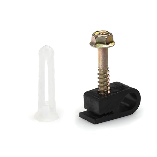 THE CIMPLE CO Ribbed Plastic Conical Anchors and Black Cable Screw Clips - for Concrete, Stucco, Brick, Drywall, and Similar - Kit of 50 Screw Clips, and 50 Anchors
