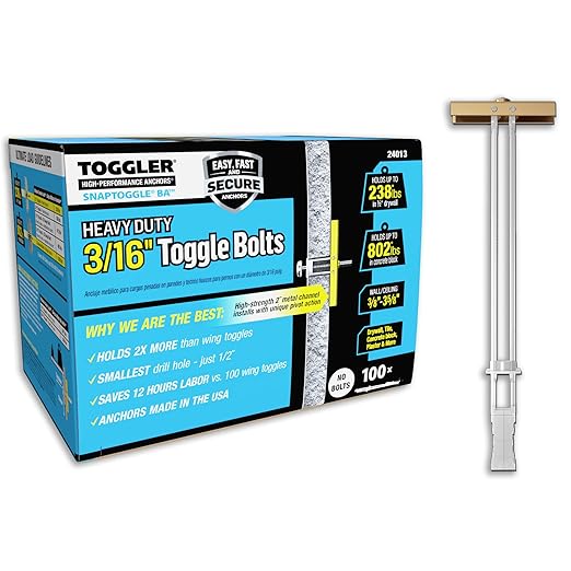 TOGGLER SNAPTOGGLE Heavy-Duty Drywall Toggle Bolt – 3/16"-24 UNC Zinc-Plated Anchor for Hollow Walls, Plaster & Tile – Holds 238 lbs in 1/2" Drywall, Easy Install – 100 Pack (W/O Bolts)