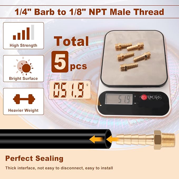 5pcs Brass Hose Barb Fittings 1/4 Inch Barb to 1/8 Inch NPT Male Thread Air Hose Fittings Adapter Connector Water Fuel Air Line Fittings 1/4” Barb × 1/8” NPT Brass Fittings