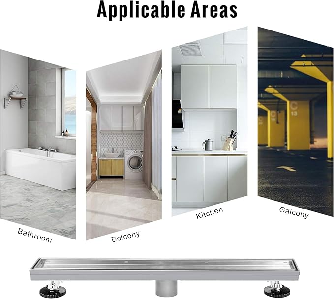SaniteModar Linear Shower Drain, Shower Drain 40 inch with Flat and Tile Insert 2 in 1 Panel, Brushed 304 Stainless Steel Linear Drain, with Hair Strainer and Leveling feet