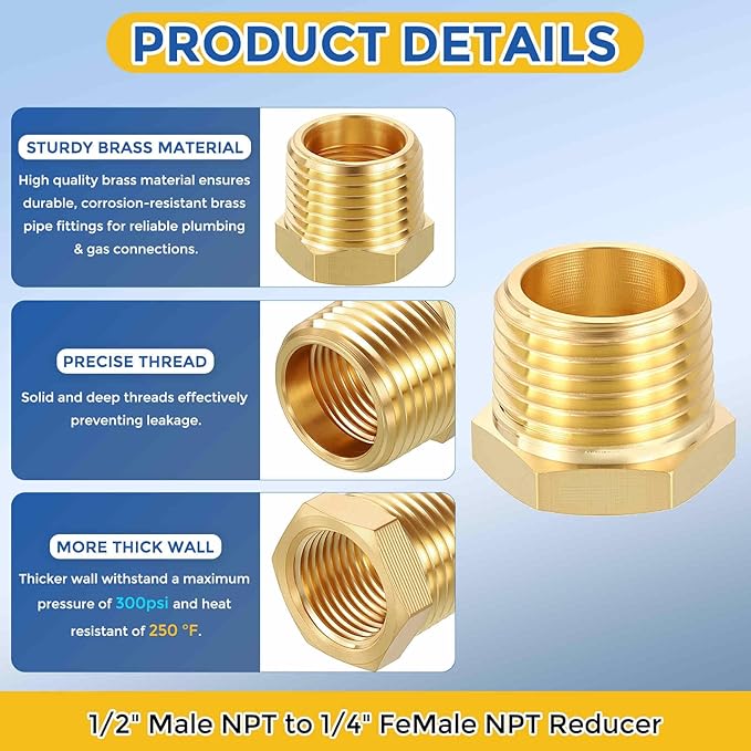 4 Packs Brass Pipe Fittings, 1/2" Male NPT to 1/4" FeMale NPT Brass Hex Bushing Reducer, Hose Tube Threaded Adapter for Air, Oil, LP