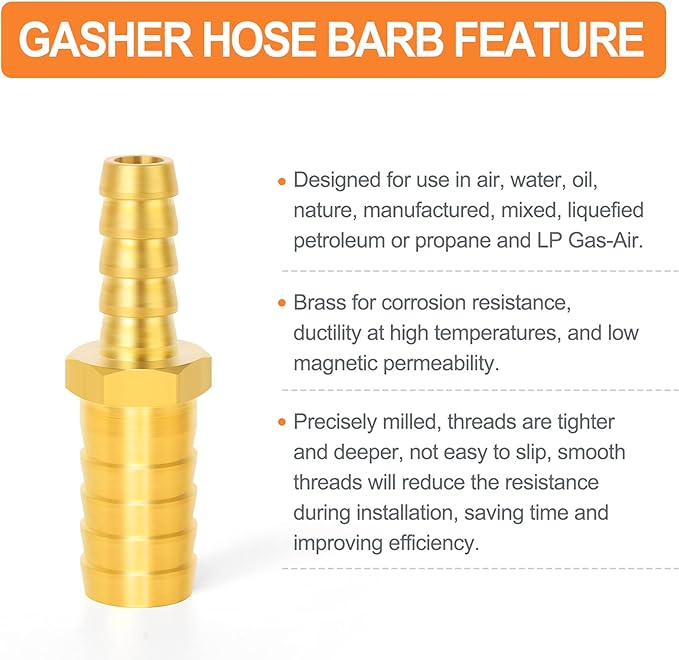 GASHER 10 Pieces Brass Hose Barb Reducer, 3/8 Inch to 5/16 Inch Hose ID with 20 Hose Clam, Brass Barb Reducer SPLICER Fitting Fuel/AIR/Water/Oil/Gas/WOG