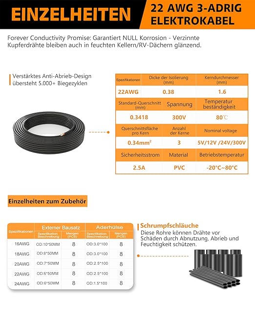 22 Gauge Stranded Copper Wire 22/3 AWG Oxygen-Free Hookup Cable - 49.21FT UL2464 Certified Flexible PVC Cord for LED Strip Lighting, Car Audio Systems, 5V/12V/24V Low Voltage Applications