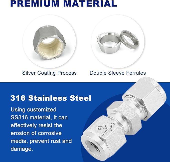 316 Stainless Steel Compression Tube Fitting 8mm OD x 8mm OD Straight Union Adapter Connector with Double Ferrules for Oil, Chemical, and Natural Gas Connections
