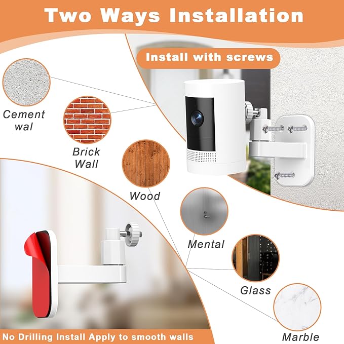 2Pack Ring Camera Wall Mount,Compatible with Ring Outdoor Cam Plus/Stick Up Cam Battery/Plug-in/Pro/Indoor Cam(1st Gen),360 Degree Adjustable No Drilling Mount for R/ing Outdoor Indoor Cameras,White