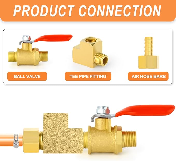 GASHER 5Pcs Brass Tee Fitting, 1/4" FNPT x 1/4" FNPTx 1/4" MNPT Pipe Fittings, Male Run Tee