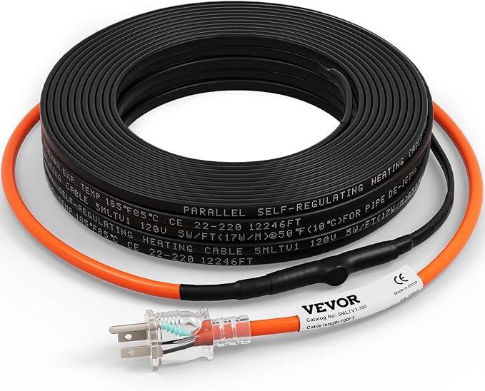 VEVOR Self-Regulating Pipe Heating Cable, 100-feet 5W/ft Heat Tape for Pipes Freeze Protection, Protects PVC Hose, Metal and Plastic Pipe from Freezing, 120V