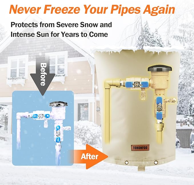 Backflow Preventer Pipe Insulation Cover (5°F) - Irrigation Sprinkler Valve Insulated Pouch - Water Well Pump Cover - Sturdy 5 Layers for Winter Freeze Protection, 10" W x 20" H, Beige