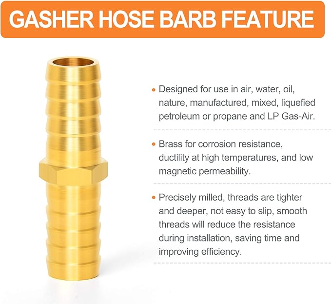 GASHER 20 Pieces Brass Hose Barb Reducer, 3/8 Inch to 3/8 Inch(9.5mm) Hose ID with 40 Hose Clamp, Brass Barb Reducer SPLICER Fitting Fuel/AIR/Lquid/Oil/Gas/WOG