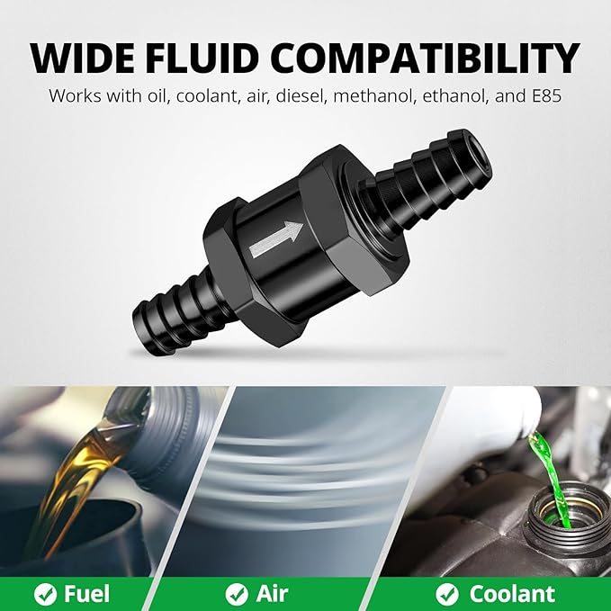 EVIL ENERGY 5/16'' (8mm) Check Valve, 3 Pcs Aluminum One Way Fuel Check Valve for Gasoline, Diesel & Coolant with Universal Hose Clamps, Black