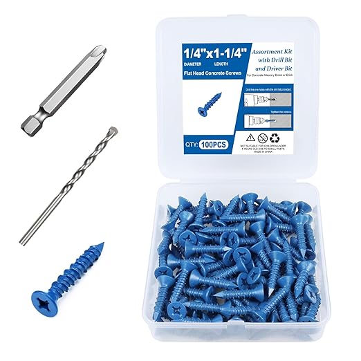 100PCS Concrete Screws Assortment Kit, 1/4" x1-1/4 Masonry Screws with Drill Bit and Driver Bit, Flat Head Cement Screws and Anchor, Diamond Point, Self Tapping Concrete Brick or Stucco, Blue Coated