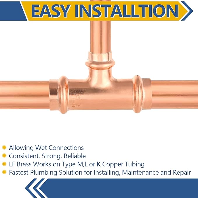 50-Pack GUOFIS Copper Press Tee,3/4" x 3/4"x 1/2" Tee Fittings for Copper Tube Connection with Stop(PRESS018-50Pack)