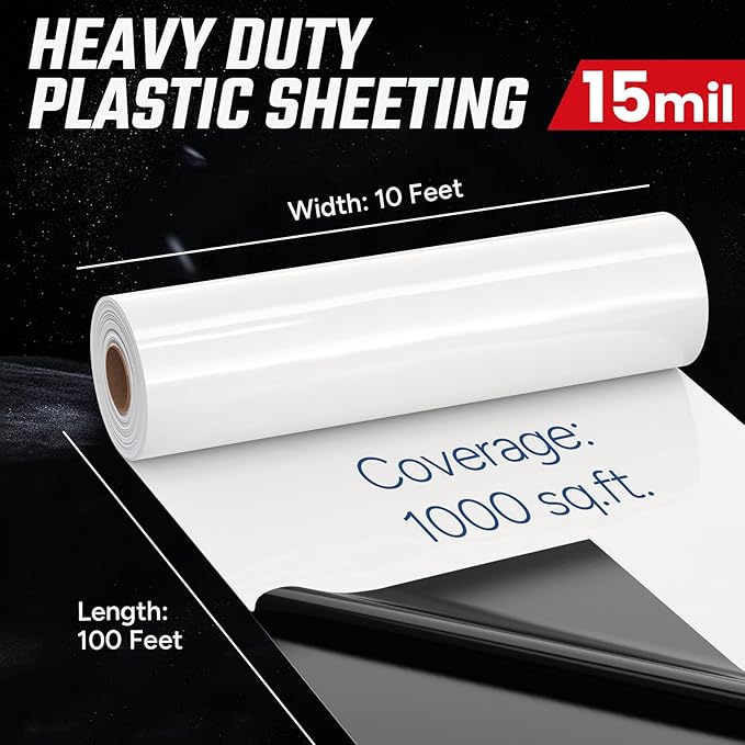 Crawl Space Vapor Barrier - 15 Mil Vapor Barrier - (10' x 100'), Tear Resistant, Heavy Duty Vapor Barrier Plastic, Drop Cloth Moisture Barrier Plastic Sheeting Covering for Crawlspace Encapsulation