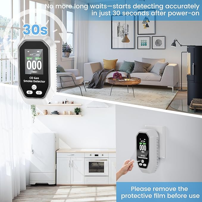 6-in-1 Portable Carbon Monoxide Detectors Plug in, MODOFO TOOL Smoke and Carbon Monoxide Detector with Built-in Battery, Natural Gas Leak Detector, HD Display for CO, Gas, Smoke, Temp, Humidity White