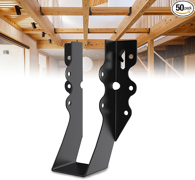 50Pcs Black 2x6 Joist Hangers for Wood,18 Gauge Metal Face Mount Joist Hanger,Lu26 Joist Hangers Powder Coating,Hurricane Ties for Rafter,Rafter Brackets 2x6 for Deck,Floor,Roof Overhang,Ceiling Joist