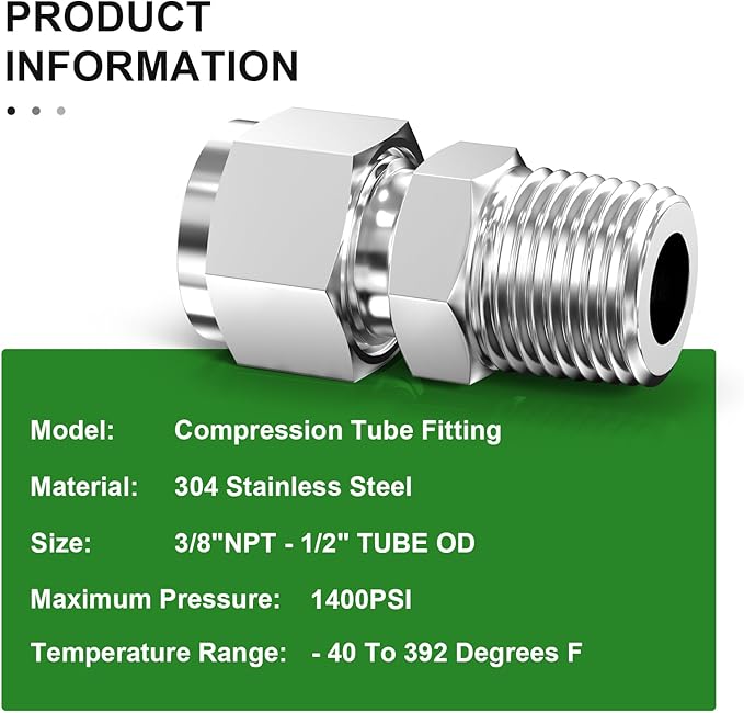 TAISHER 5PCS 304 Stainless Steel Compression Tube Pipe Fitting Connector, 1/2" Tube OD x 3/8" NPT Male Straight Adapter