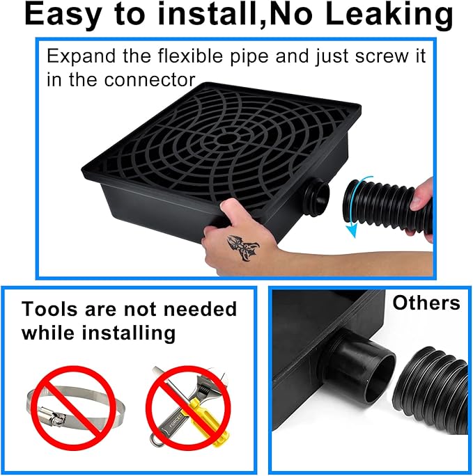 Catch Basin Gutter Downspout Extensions, 12"×12" Low Profile Catch Basin Downspout Extender with 2" ID Flexible Pipe, No Deep Dig Needed, Rainwater Diverter, Pipe Stretched Length 8.2ft