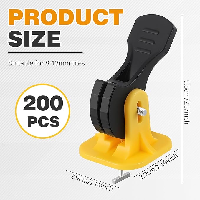 Nuanchu Tile Leveling System Kit 200 Reusable Tile Spacers + 200 1/16'' Replaceable Spare Steel T-pin, Leveling Clips Fit 8-12mm Floor Compounds Set for Wall & Floor (Yellow)
