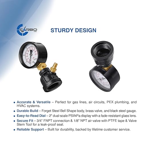 Gas Test Pressure Gauge 30 Pound, 30 PSI / 200 kPa, 3/4” FNPT Connection, Brass Valve, Forged Steel Bell Shape Body Assembly.